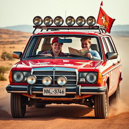 A hyper-realistic scene capturing a 1980s red Mercedes wagon in a thrilling wild Australian outback race