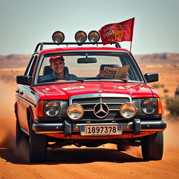 A hyper-realistic scene capturing a 1980s red Mercedes wagon in a thrilling wild Australian outback race