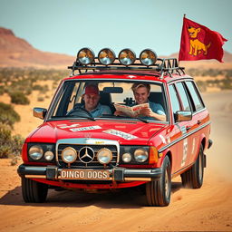 A hyper-realistic scene capturing a 1980s red Mercedes wagon in a thrilling wild Australian outback race