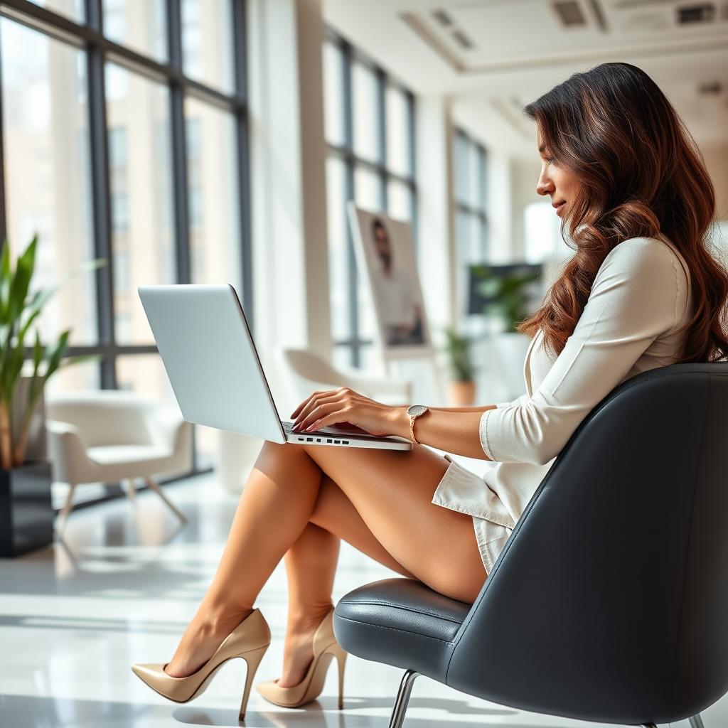 A 30-year-old fit and very tanned brunette woman working at a laptop in a stylish, modern office