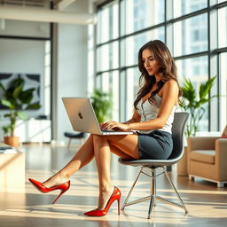 A 30-year-old fit and very tanned brunette woman working at a laptop in a stylish, modern office