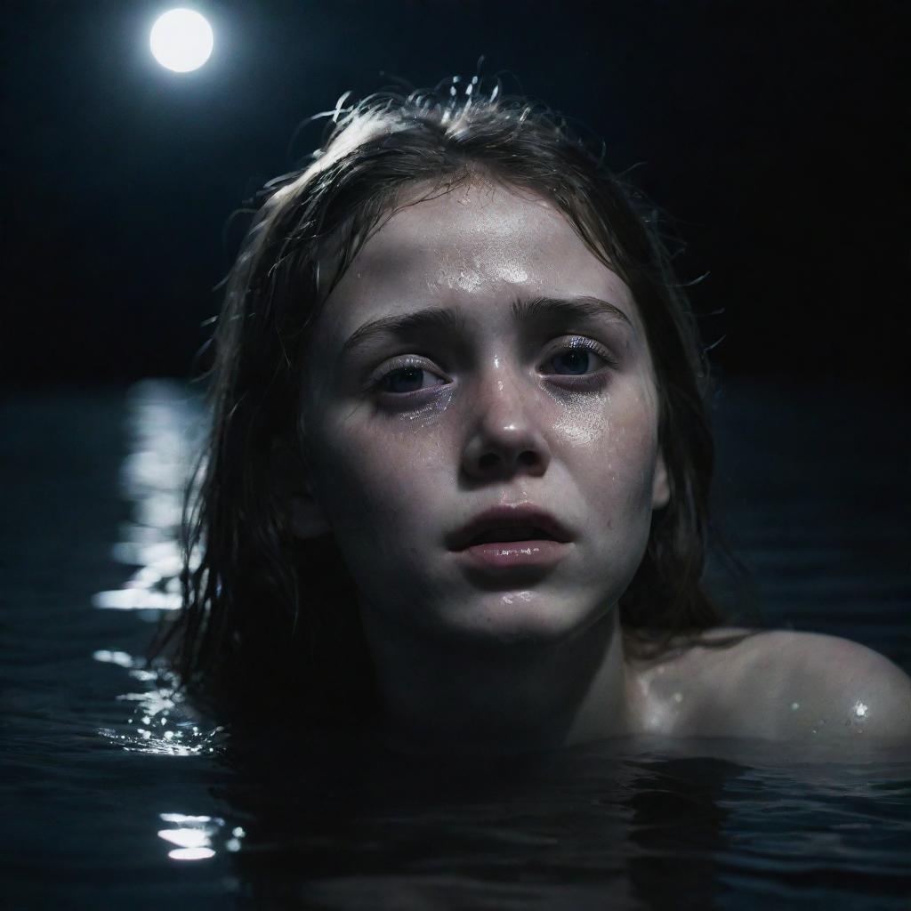 A distressed young girl crying, submerged in deep, dark, ominous water. The moonlight casting a glimmer on the water surface.