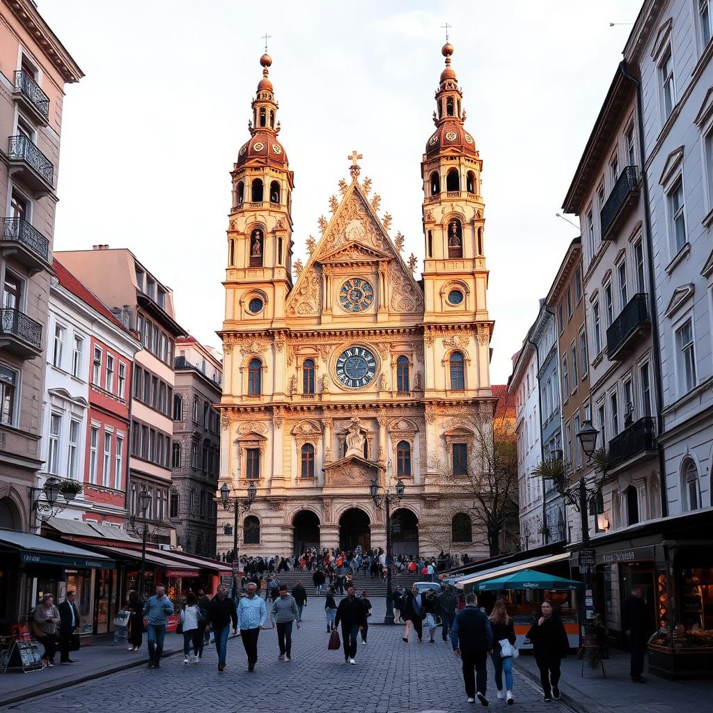 A picturesque urban landscape featuring a grand basilica inspired by the architectural styles of Romania, Hungary, and Slovakia