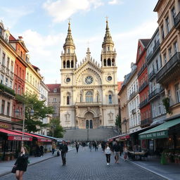 A picturesque urban landscape featuring a grand basilica inspired by the architectural styles of Romania, Hungary, and Slovakia