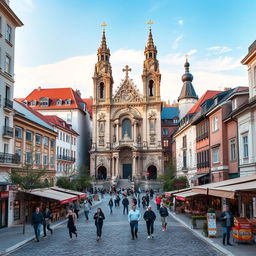 A picturesque urban landscape featuring a grand basilica inspired by the architectural styles of Romania, Hungary, and Slovakia