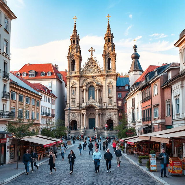 A picturesque urban landscape featuring a grand basilica inspired by the architectural styles of Romania, Hungary, and Slovakia