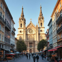 A picturesque urban landscape featuring a grand basilica inspired by the architectural styles of Romania, Hungary, and Slovakia