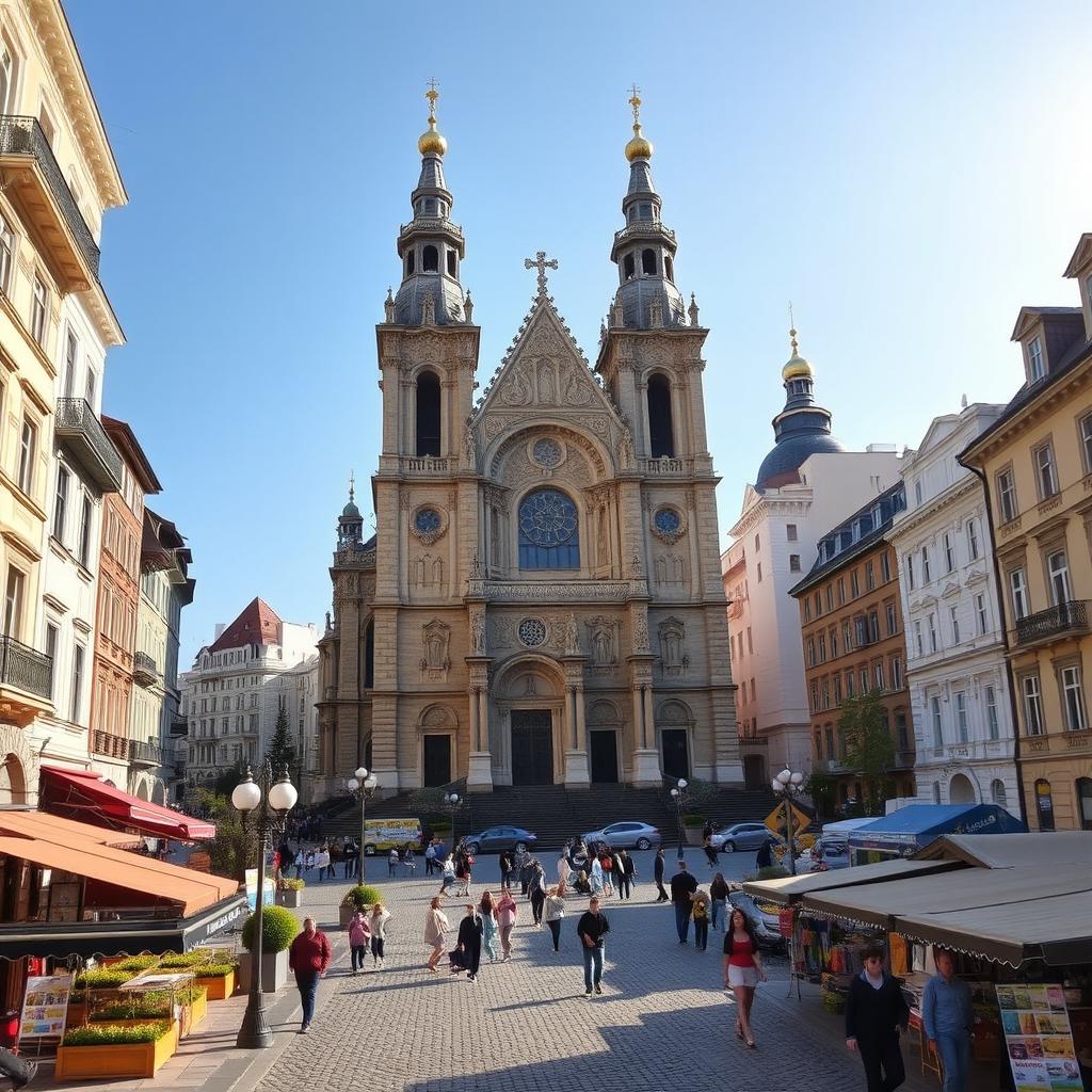 A picturesque urban landscape featuring a grand basilica inspired by the architectural styles of Romania, Hungary, and Slovakia