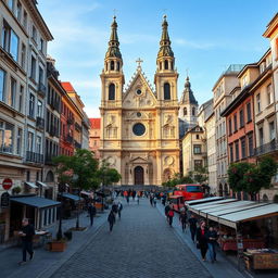 A picturesque urban landscape featuring a grand basilica inspired by the architectural styles of Romania, Hungary, and Slovakia