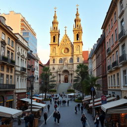 A picturesque urban landscape featuring a grand basilica inspired by the architectural styles of Romania, Hungary, and Slovakia