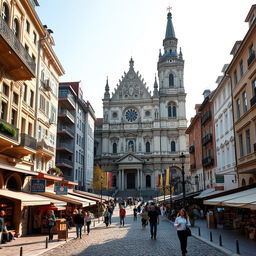 A picturesque urban landscape featuring a grand basilica inspired by the architectural styles of Romania, Hungary, and Slovakia