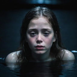 A distressed young girl crying, submerged in deep, dark, ominous water. The moonlight casting a glimmer on the water surface.