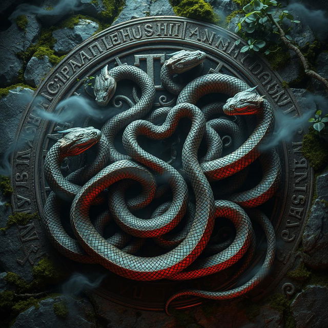 A mysterious, intricate ancient code featuring various serpents intertwined amongst ancient runes and symbols