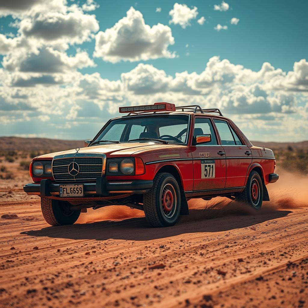 A breathtaking faithful recreation of the Australian outback withs a vibrant red 1980s Mercedes, splattered by streaking rust embracing its persona of being in itss element