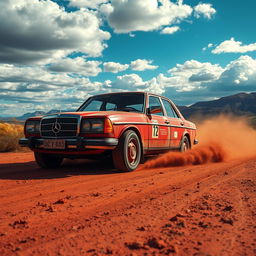 A breathtaking faithful recreation of the Australian outback withs a vibrant red 1980s Mercedes, splattered by streaking rust embracing its persona of being in itss element