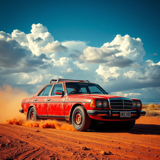 A breathtaking faithful recreation of the Australian outback withs a vibrant red 1980s Mercedes, splattered by streaking rust embracing its persona of being in itss element