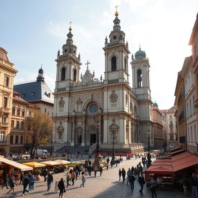 A picturesque urban landscape featuring a grand basilica inspired by the architectural styles of Romania, Hungary, and Slovakia