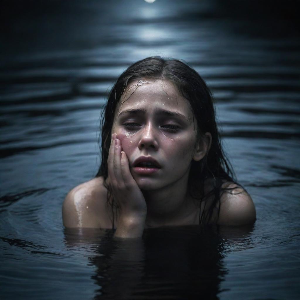 A distressed young girl crying, submerged in deep, dark, ominous water. The moonlight casting a glimmer on the water surface.