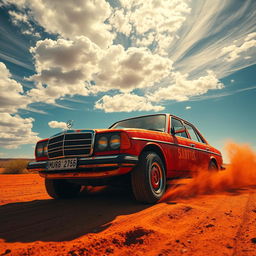 A breathtaking faithful recreation of the Australian outback withs a vibrant red 1980s Mercedes, splattered by streaking rust embracing its persona of being in itss element