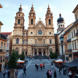 A picturesque urban landscape featuring a grand basilica inspired by the architectural styles of Romania, Hungary, and Slovakia