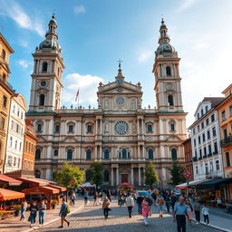 A picturesque urban landscape featuring a grand basilica inspired by the architectural styles of Romania, Hungary, and Slovakia