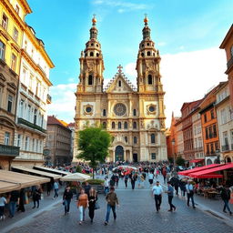 A picturesque urban landscape featuring a grand basilica inspired by the architectural styles of Romania, Hungary, and Slovakia