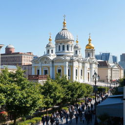 An impressive urban scene featuring a grand basilica with distinctive Russian and Ukrainian architectural influences