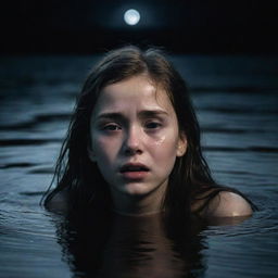 A distressed young girl crying, submerged in deep, dark, ominous water. The moonlight casting a glimmer on the water surface.