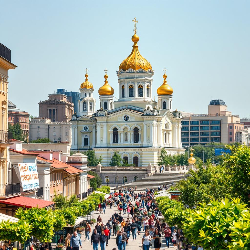 An impressive urban scene featuring a grand basilica with distinctive Russian and Ukrainian architectural influences