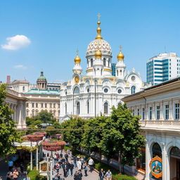 An impressive urban scene featuring a grand basilica with distinctive Russian and Ukrainian architectural influences