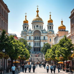 An impressive urban scene featuring a grand basilica with distinctive Russian and Ukrainian architectural influences