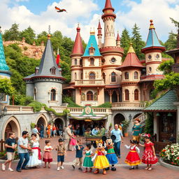 A whimsical Disneyland scene combining elements from Armenia, Azerbaijan, and Georgia