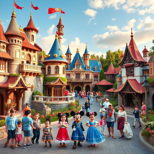 A whimsical Disneyland scene combining elements from Armenia, Azerbaijan, and Georgia