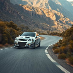 A hyper-realistic scene of a modified silver 2004 Opel Astra hatchback racing through the wild Australian mountains