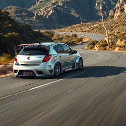 A hyper-realistic scene of a modified silver 2004 Opel Astra hatchback racing through the wild Australian mountains