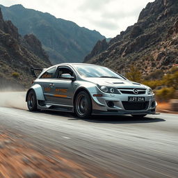 A hyper-realistic scene of a modified silver 2004 Opel Astra hatchback racing through the wild Australian mountains