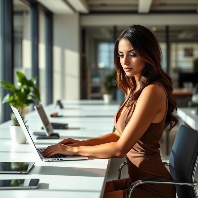 A 30-year-old fit and very tanned brunette woman working on a laptop at an office desk