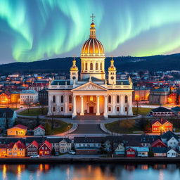 A beautiful and majestic basilica set in a Scandinavian cityscape, reflecting elements of Sweden, Finland, and Norway