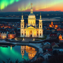 A beautiful and majestic basilica set in a Scandinavian cityscape, reflecting elements of Sweden, Finland, and Norway