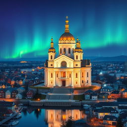 A beautiful and majestic basilica set in a Scandinavian cityscape, reflecting elements of Sweden, Finland, and Norway