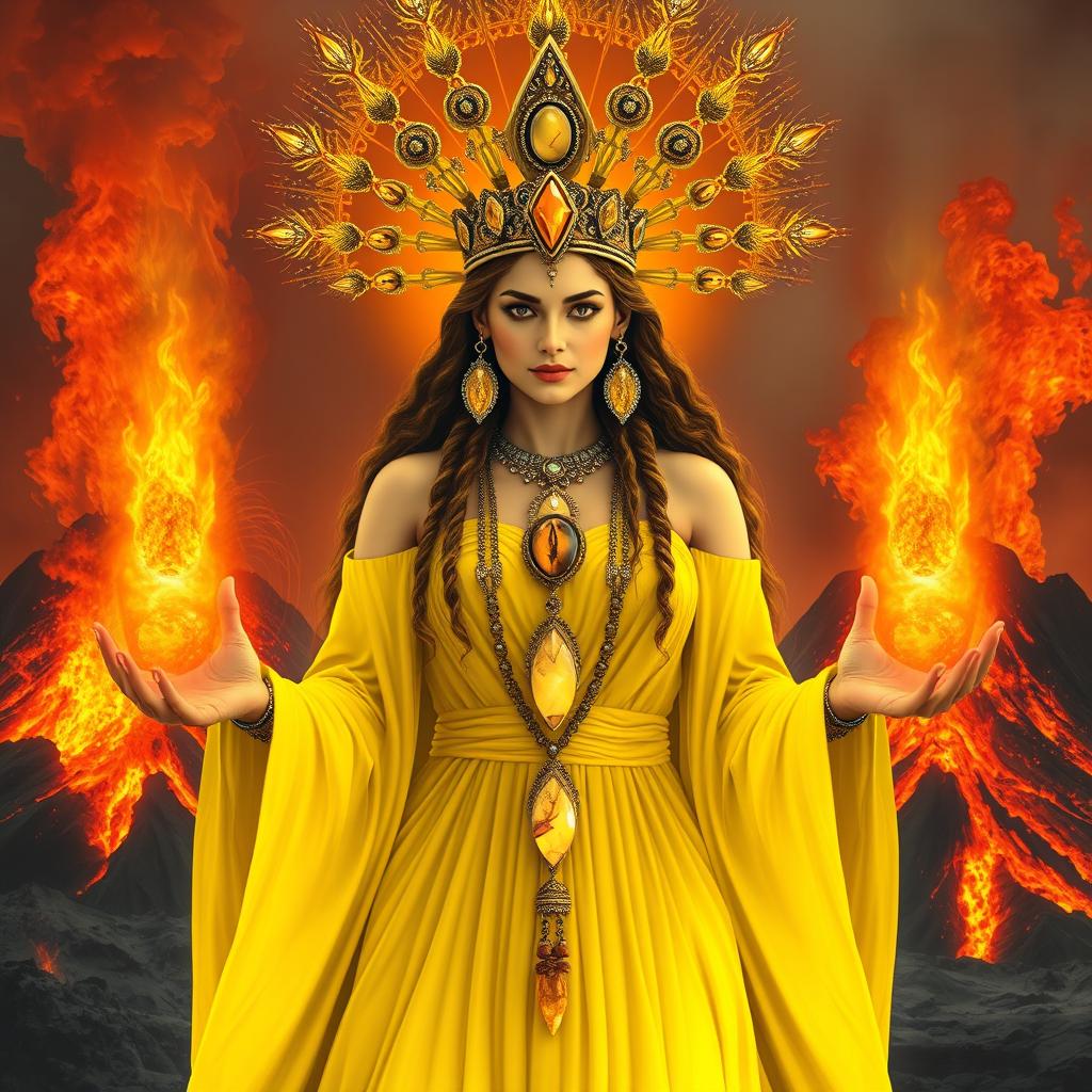 The Goddess of Fire is depicted in an enchanting, mystical art style, wearing a radiant yellow colored dress that embodies the intense energy and warmth of fire