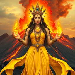 The Goddess of Fire is depicted in an enchanting, mystical art style, wearing a radiant yellow colored dress that embodies the intense energy and warmth of fire