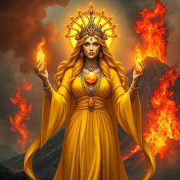 The Goddess of Fire is depicted in an enchanting, mystical art style, wearing a radiant yellow colored dress that embodies the intense energy and warmth of fire