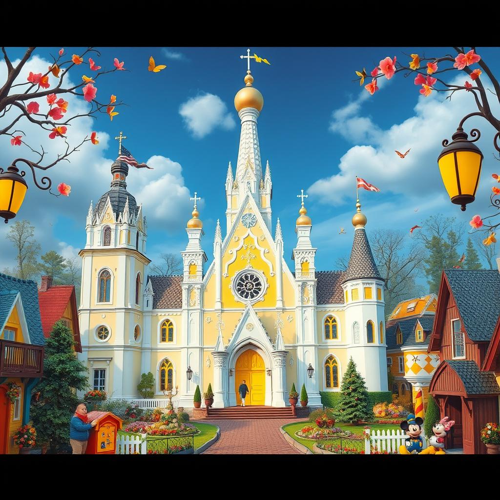 A whimsical Disneyland-inspired scene in a Scandinavian cityscape with influences from Sweden, Finland, and Norway