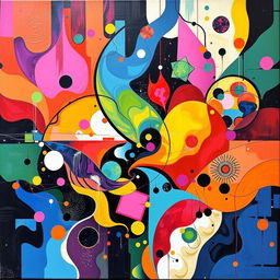 A vibrant abstract painting filled with colorful geometric shapes, fluid patterns, and bold contrasting colors