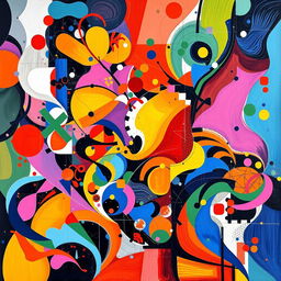 A vibrant abstract painting filled with colorful geometric shapes, fluid patterns, and bold contrasting colors