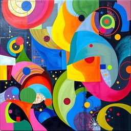 A vibrant abstract painting filled with colorful geometric shapes, fluid patterns, and bold contrasting colors