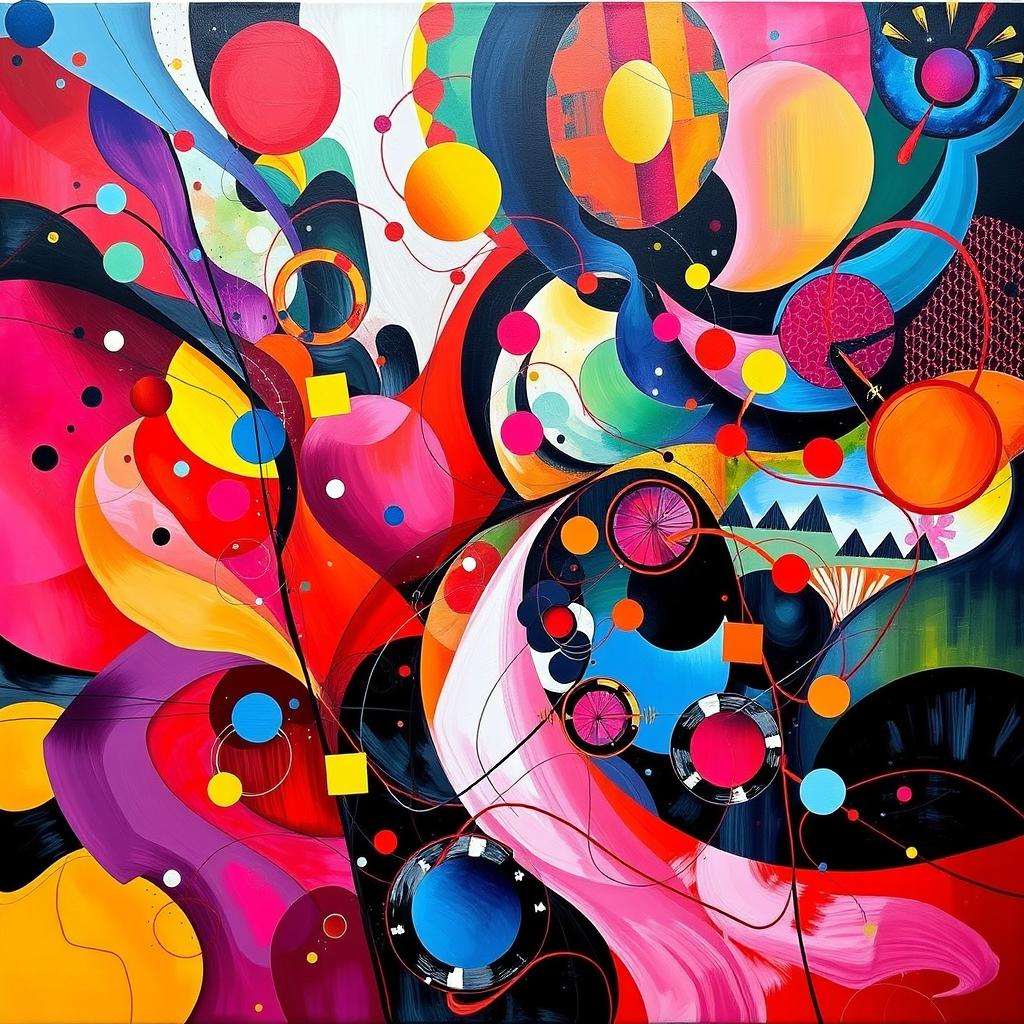 A vibrant abstract painting filled with colorful geometric shapes, fluid patterns, and bold contrasting colors