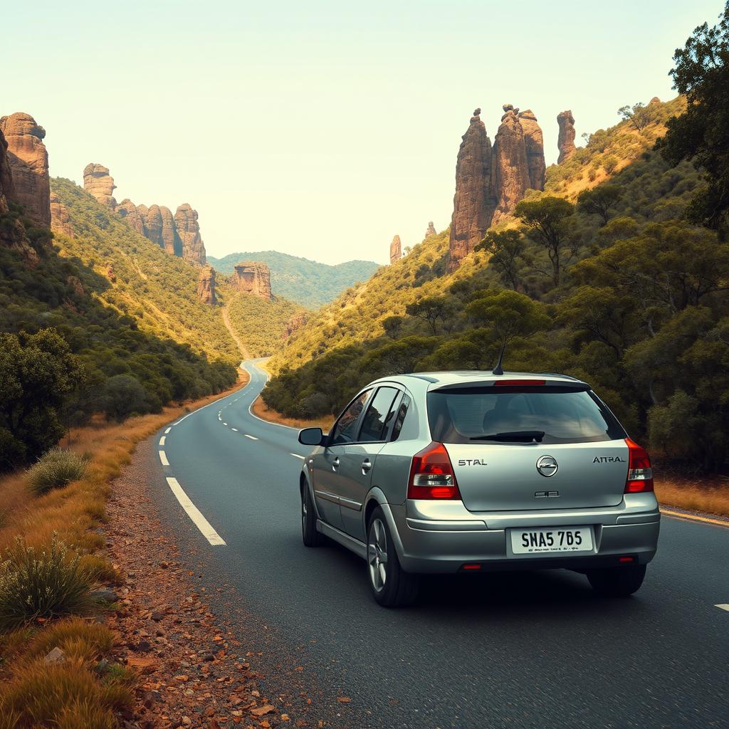 A hyper-realistic scene depicting a silver 2004 Opel Astra hatchback peacefully cruising through the wild Australian mountains