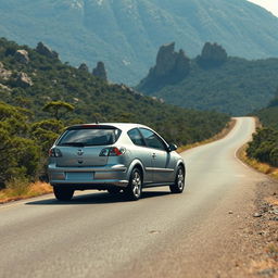 A hyper-realistic scene depicting a silver 2004 Opel Astra hatchback peacefully cruising through the wild Australian mountains